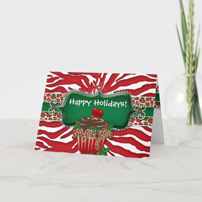 Christmas Zebra Leopard Heart Cupcake Ruby Holiday Card (Front)