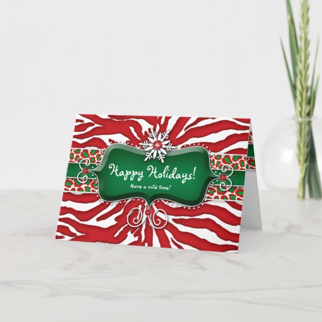 Christmas Zebra Leopard Snowflake Ruby Holiday Card (Front)