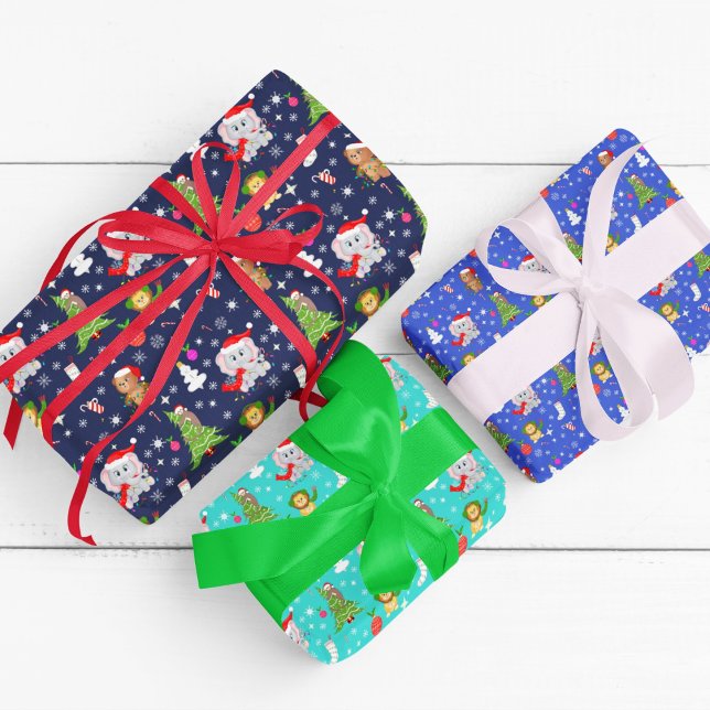 Christmas Zoo Animals In Blues Wrapping Paper Sheet (Creator Uploaded)
