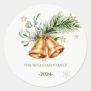 ChristmasBells  Wreath Family Name  Classic Round Sticker
