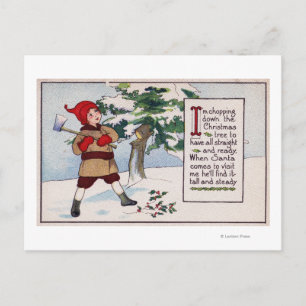 ChristmasBoy Chopping Down Christmas Tree Holiday Postcard