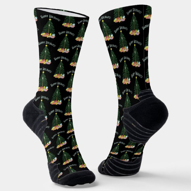Christmast Tree Black Crew Socks (Angled)