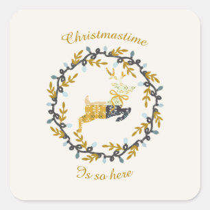 Christmastime Deer & Wreath Yellow Cream        Square Sticker