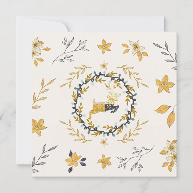Christmastime Deer Yellow Cream Floral Flat Card (Front)