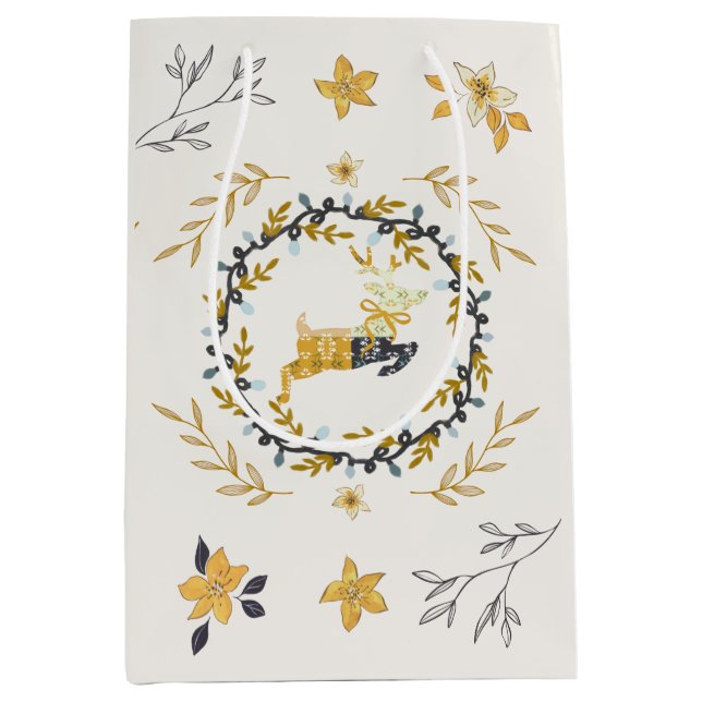 Christmastime Deer Yellow Cream Floral Medium Gift Bag (Front)