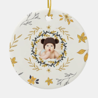 Christmastime Deer Yellow Cream Floral Photo Ceramic Tree Decoration