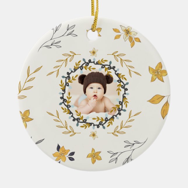 Christmastime Deer Yellow Cream Floral Photo Ceramic Tree Decoration (Front)