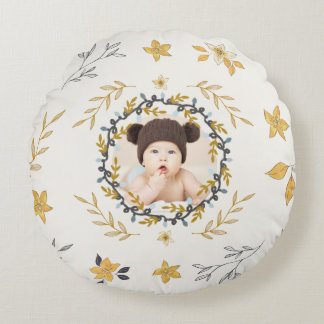 Christmastime Deer Yellow Cream Floral Photo Round Cushion
