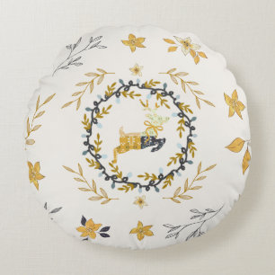 Christmastime Deer Yellow Cream Floral Round Cushion