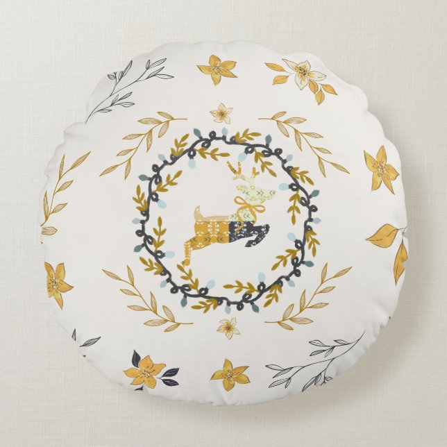 Christmastime Deer Yellow Cream Floral Round Cushion (Front)