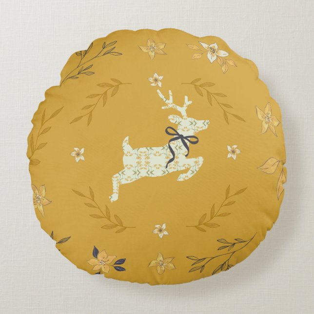 Christmastime Deer Yellow Floral Round Cushion (Front)