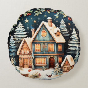 Christmastime, vintage holiday scene, round cushion