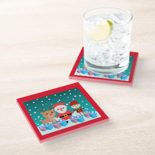 CHRISTMASTIME WITH SANTA AND HIS FRIENDS GLASS COA COASTER