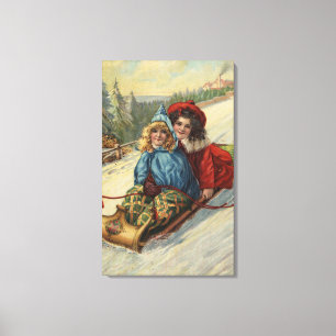 ChristmasTwo Little Girls Sledding Canvas Print