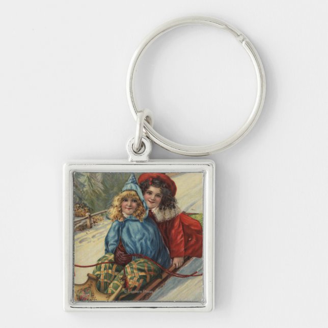 ChristmasTwo Little Girls Sledding Key Ring (Front)