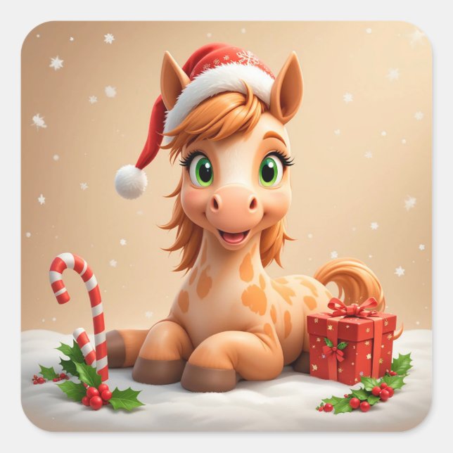 Christms Cartoon Horse With Santa Hat Square Sticker (Front)