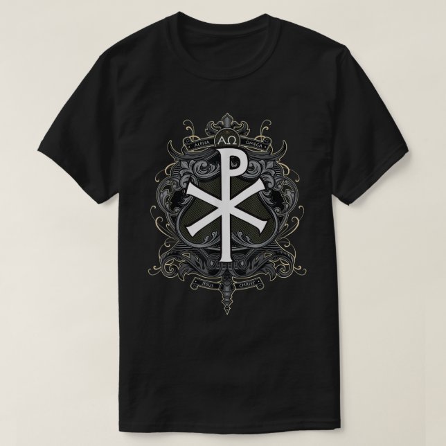 Christogram Jesus Christ Symbol Chi Ro Alpha Omega T-Shirt (Design Front)