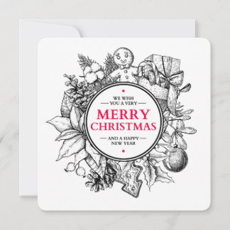 Chritmas vintage card. Hand drawn Xmas wreath