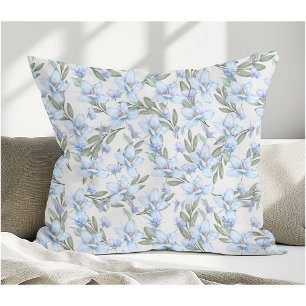 Chromatic Botanicals: Blue Flowers & Green Leaves Cushion