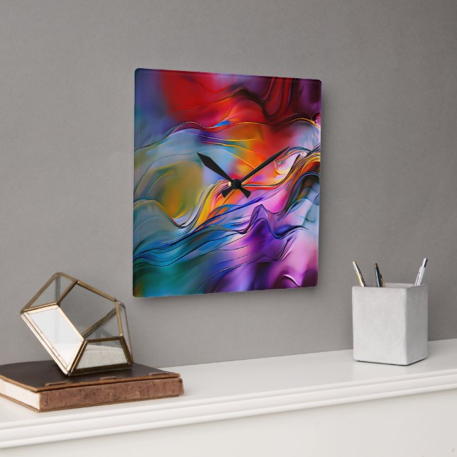 "Chromatic Currents" Contemporary Abstract  Square Wall Clock (Office)