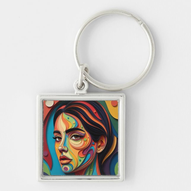 Chromatic Grace – Modern Paper-Cut Portrait Key Ring (Front)
