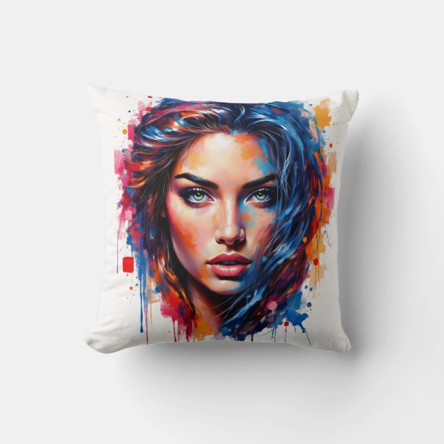 Chromatic Muse – Neon Splash Portrait Cushion (Front)