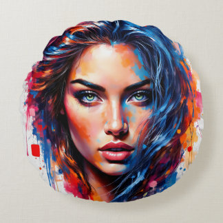 Chromatic Muse – Neon Splash Portrait Round Cushion