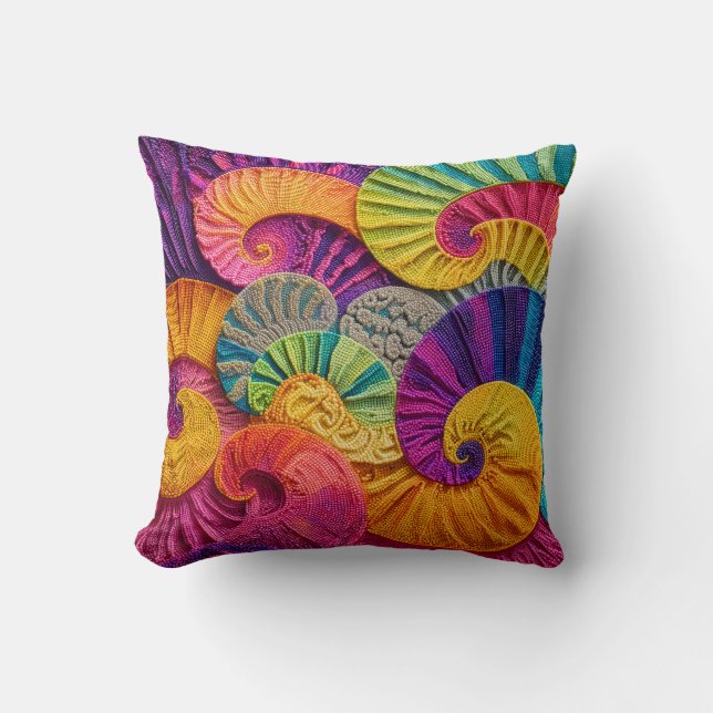 Chromatic Shells: Vibrant Spiral Mosaic Cushion (Front)