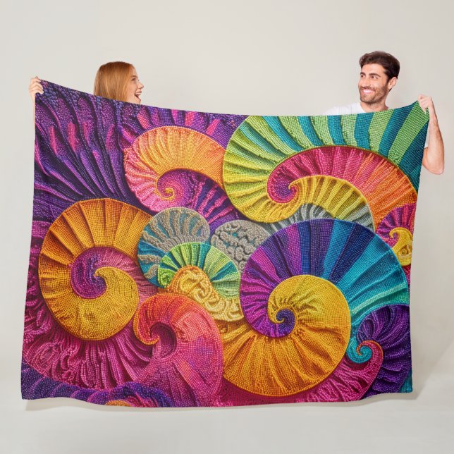 Chromatic Shells: Vibrant Spiral Mosaic Fleece Blanket (In Situ)