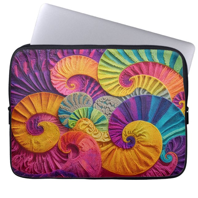 Chromatic Shells: Vibrant Spiral Mosaic Laptop Sleeve (Front)