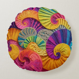 Chromatic Shells: Vibrant Spiral Mosaic Round Cushion