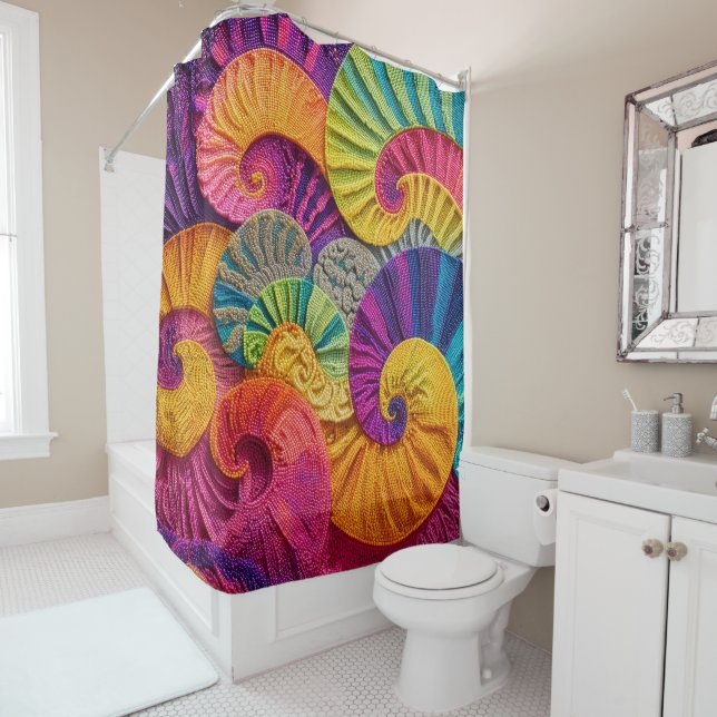 Chromatic Shells: Vibrant Spiral Mosaic Shower Curtain (In Situ)