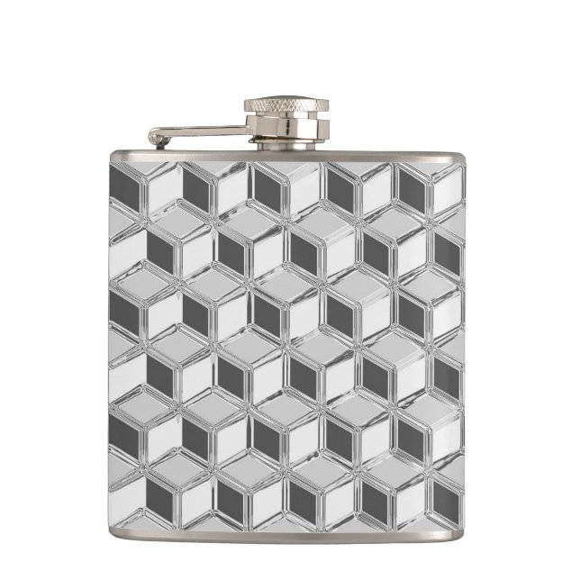 Chrome 3-d boxes - silver grey hip flask (Front)
