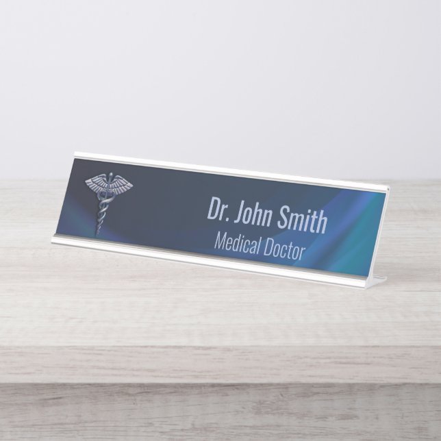 Chrome 3D Medical Dark Holographic Caduceus Desk Name Plate (Front)