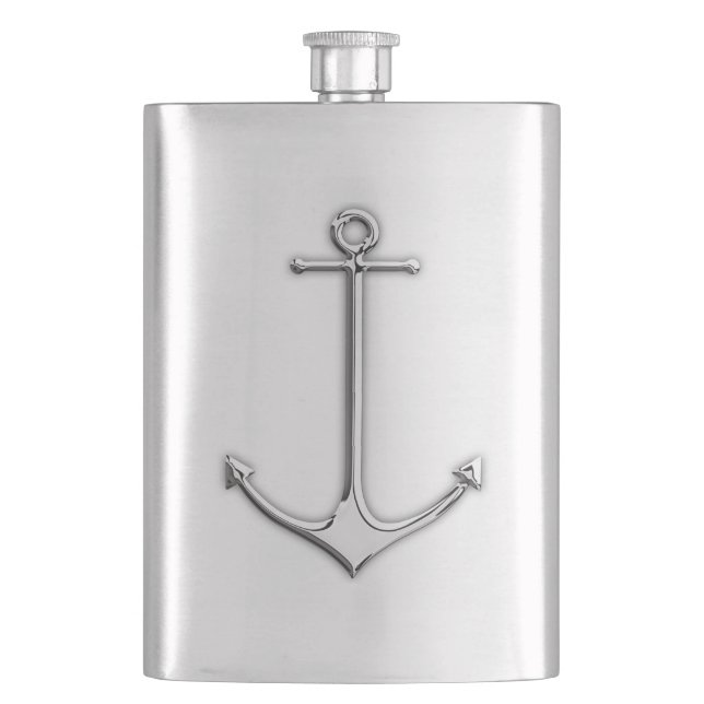 Chrome Anchor Nautical Print Hip Flask (Front)