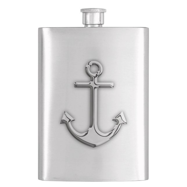 Chrome Anchor Nautical Print Hip Flask (Front)