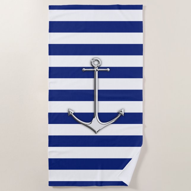 Chrome Anchor on Nautical Navy Blue Stripes Print Beach Towel (Front)