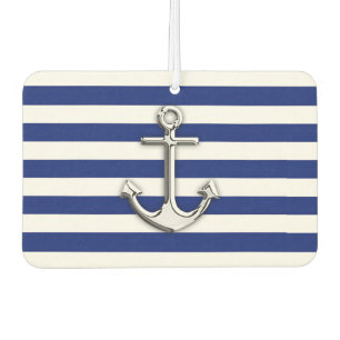 Chrome Anchor on Nautical Navy Blue Stripes Print Car Air Freshener