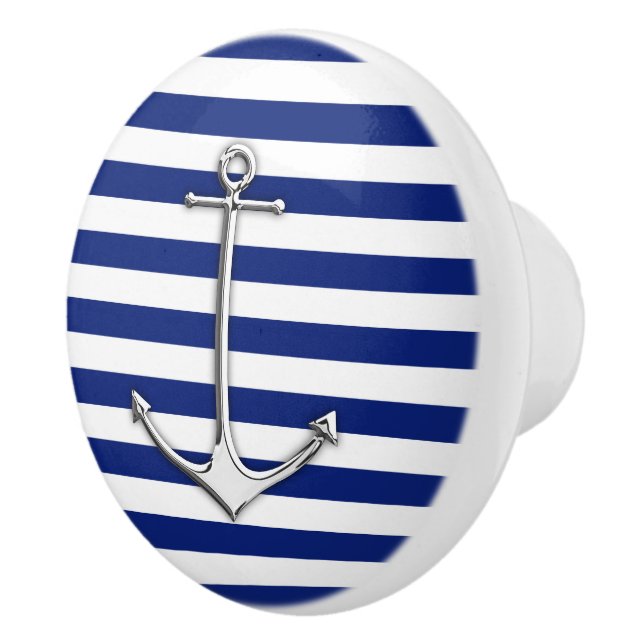 Chrome Anchor on Nautical Navy Blue Stripes Print Ceramic Knob (Right)
