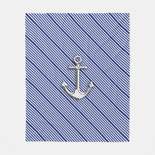 Chrome Anchor on Nautical Navy Blue Stripes Print Fleece Blanket (Front)