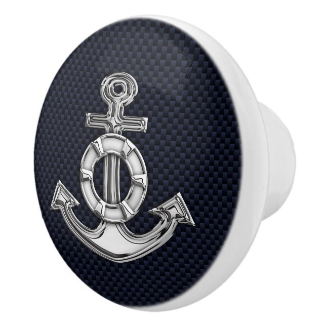 Chrome Anchor on Nautical Navy Carbon Fibre Print Ceramic Knob (Right)
