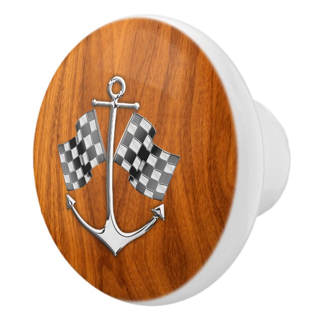 Chrome Anchor on Nautical Teak Wood Grain Print Ceramic Knob (Right)