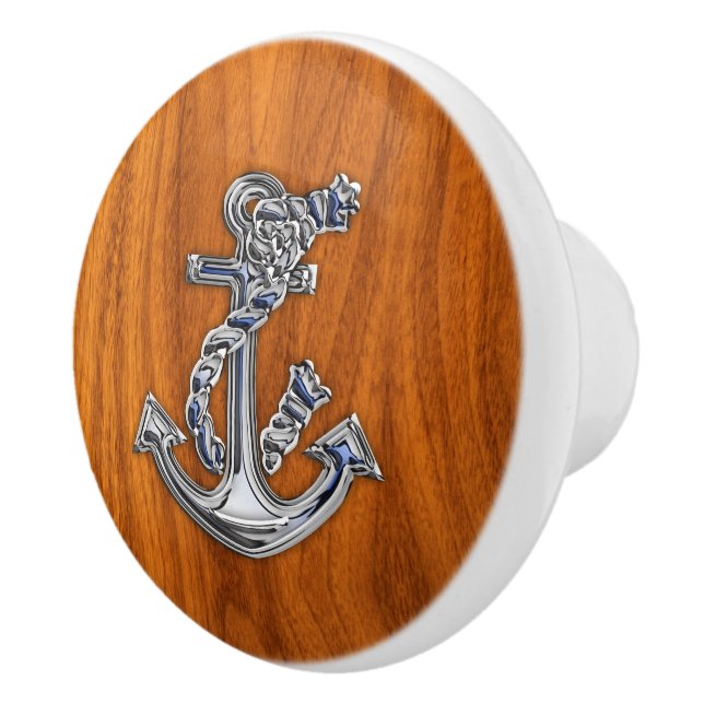 Chrome Anchor on Nautical Teak Wood Grain Print Ceramic Knob (Right)