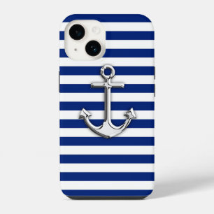 Chrome Anchor on Navy Blue Stripes Decor iPhone 14 Case