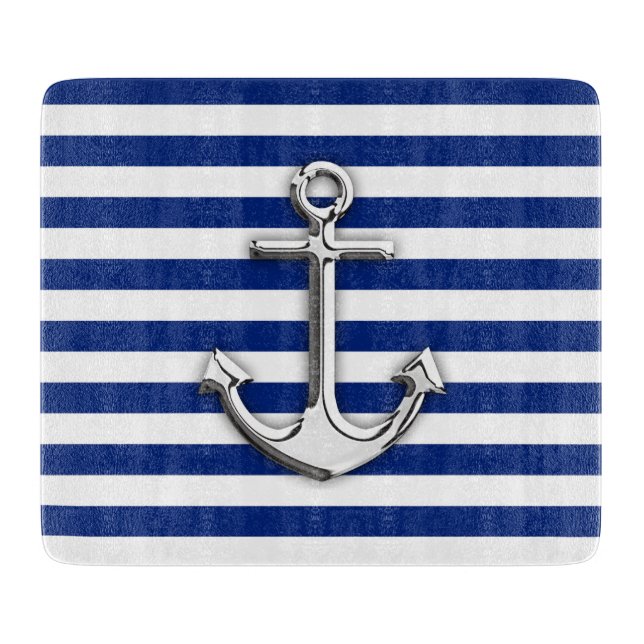 Chrome Anchor on Navy Stripes Cutting Board (Front)