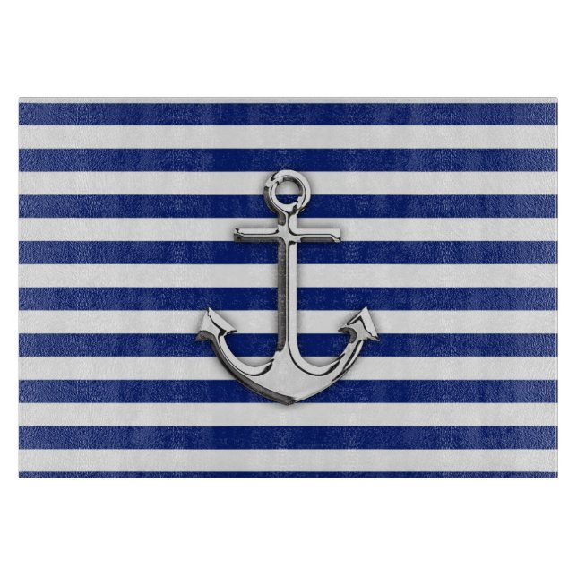 Chrome Anchor on Navy Stripes Cutting Board (Front)