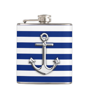 Chrome Anchor on Navy Stripes Hip Flask