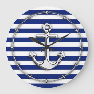 Chrome Anchor on Navy Stripes Large Clock