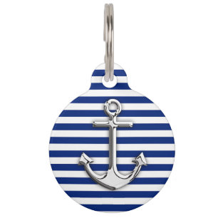 Chrome Anchor on Navy Stripes Pet Tag