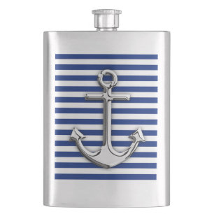 Chrome Anchor on Navy Stripes Print Hip Flask